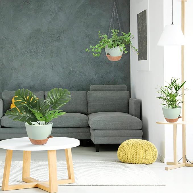 Hanging Planters for Indoor Outdoor Plants, 2 Pack Self Watering Hanging Pot with Drainage Holes & Removable Tray (Green, 10'')-Ruum Studio Home