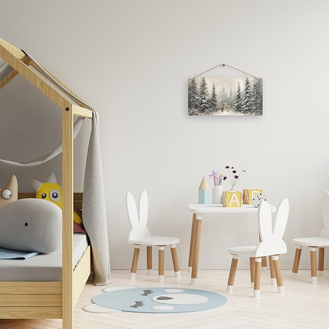 Winter Pine Tree Deer Wooden Sign, 12x6 inches, Rustic Wall Decor for Home, Office or Gifting-Ruum Studio Home