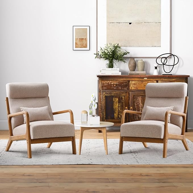 INZOY Mid Century Modern Accent Chair Set of 2, High Back Reading Armchair with Wood Frame, Upholstered Living Room Chairs with Waist Cushion, Single Lounge Arm Chair for Bedroom Sunroom, Beige-Ruum Studio Home