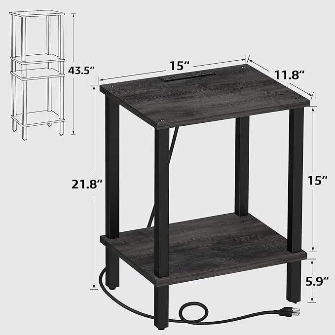 TUTOTAK End Table with Charging Station, Small Side Table with Outlets, Nightstand Bedside Table, 2-Tier Storage Shelf for Small Space, Living Room, Bedroom, Charcoal Grey TB01BY040-Ruum Studio Home