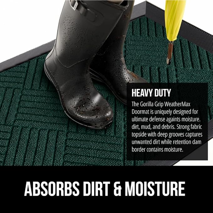 GORILLA GRIP 100% Waterproof All-Season WeatherMax Doormat US Designed Natural Rubber, Stain and Fade Resistant, Low Profile Indoor Outdoor Door Mats, Easy Clean Patio Mat, 17x29, Green Diamond-Ruum Studio Home