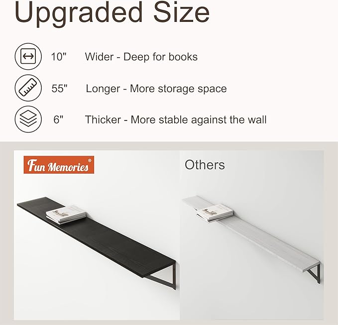 Floating Shelves 55 Inch Long, 10" Deep Floating Shelves, Black Wall Shelves 55 x 10, Set of 2, Wide Large Display Storage Shelves for Bathroom, Living Room, Rustic Wood Shelves with Brackets-Ruum Studio Home