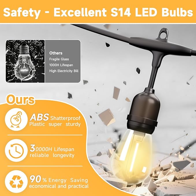 Outdoor Safety String Lights 200FT - 24V 20W Commercial Grade Low Voltage Strand with 80 S14 Shatterproof Bulbs for Tree Garden Yard Cafe Bistro | Warm Yellow 3500K | IP65 Waterproof | UL Listed-Ruum Studio Home