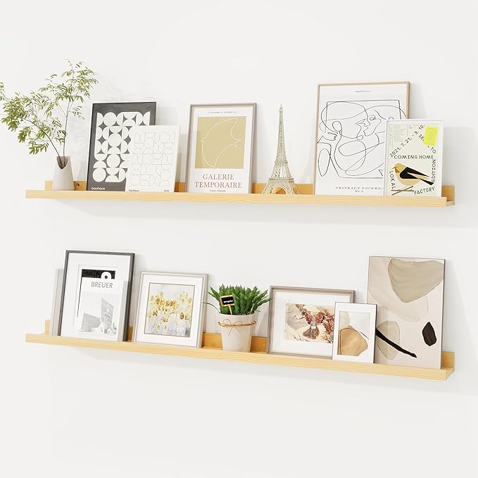 Picture Ledge Shelf, Solid Pine Wood Floating Shelves Set of 2, 40 Inches Nursery Book Shelves for Toys Storage, Kids Bookshelf Wall Mounted for Living Room Bedroom Decor Books Photo Frames, Natural-Ruum Studio Home