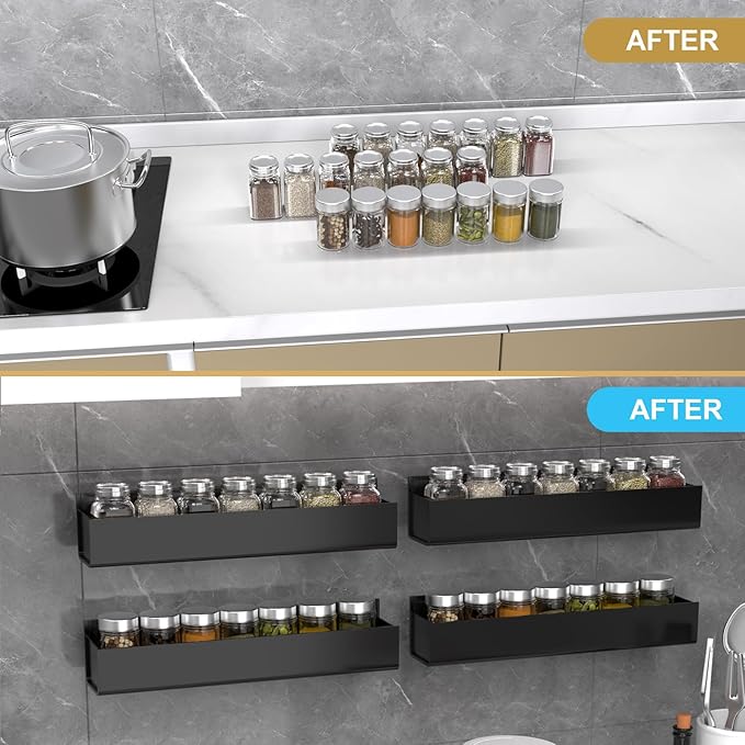 PMMASTO Adhesive Acrylic Spice Rack Organizer for Wall with Nano Double Sided Tape, Spice Shelf Organization for Kitchen Cabinet Door/Pantry Door, Wall Mount Seasoning Rack (Black - 4 Pack)-Ruum Studio Home