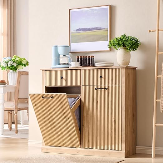 Modern Double Tilt-Out Trash Cabinet, 20 Gallon Fluted Laundry Hamper Cabinet with 2 Drawers, Wooden Hidden Garbage Can Cabinet with Storage Basket for Kitchen & Living Room, Natural Oak-Ruum Studio Home