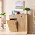 Modern Double Tilt-Out Trash Cabinet, 20 Gallon Fluted Laundry Hamper Cabinet with 2 Drawers, Wooden Hidden Garbage Can Cabinet with Storage Basket for Kitchen & Living Room, Natural Oak-Ruum Studio Home