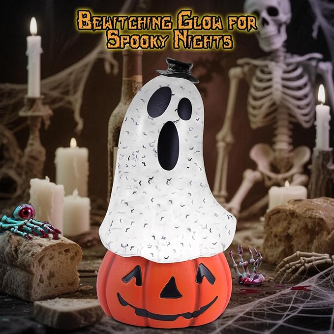 Halloween Snow Globe Lantern Spooky Glost and Pumpkin Halloween Snow Globes Musical Water Glitter Globe with 6H Timer Battery Operated or USB Powered for Spooky Home Decorations (Ghost and Pumpkin)-Ruum Studio Home
