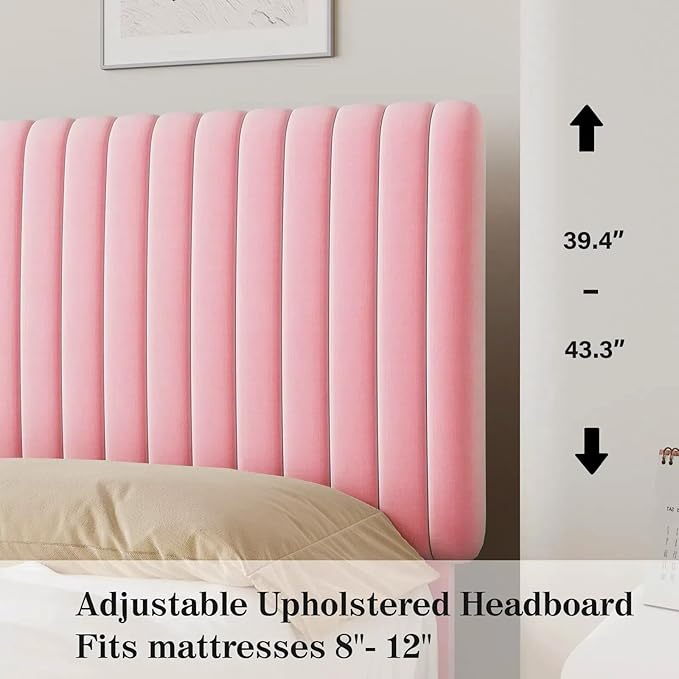 King Size Bed Frame with Headboard, Velvet Upholstered Platform Bed with Vertical Channel Tufted Design, No Box Spring Required, Easy Assembly, Pink-Ruum Studio Home