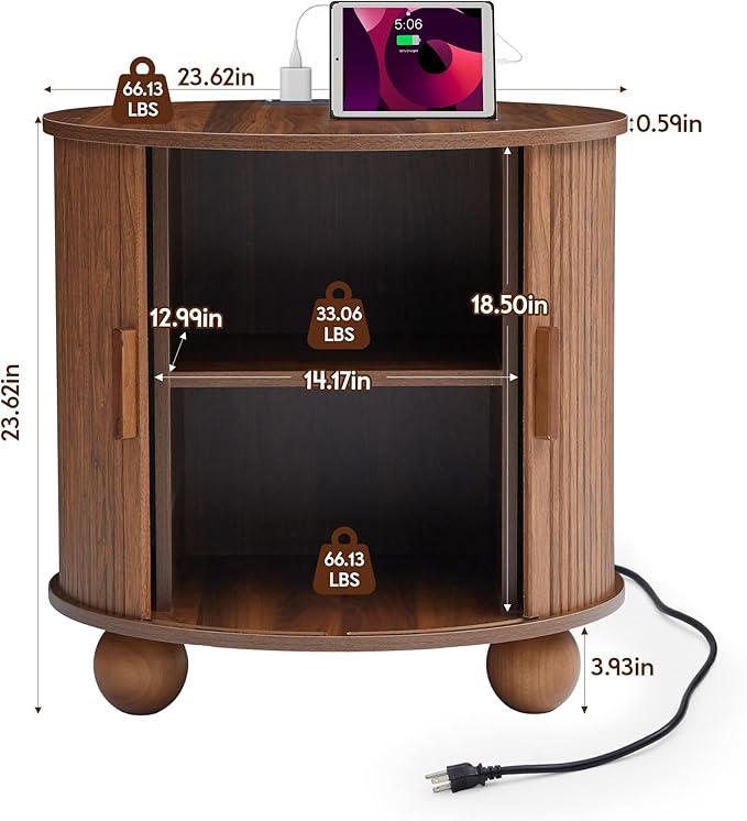 AVZEAR 24" Large Round End Table with Charging Station, Farmhouse Fluted Sofa Side Table with Sliding Tambour Door & Storage, Mid-Century Wood Nightstand for Living Room, Bedroom, Walnut-Ruum Studio Home