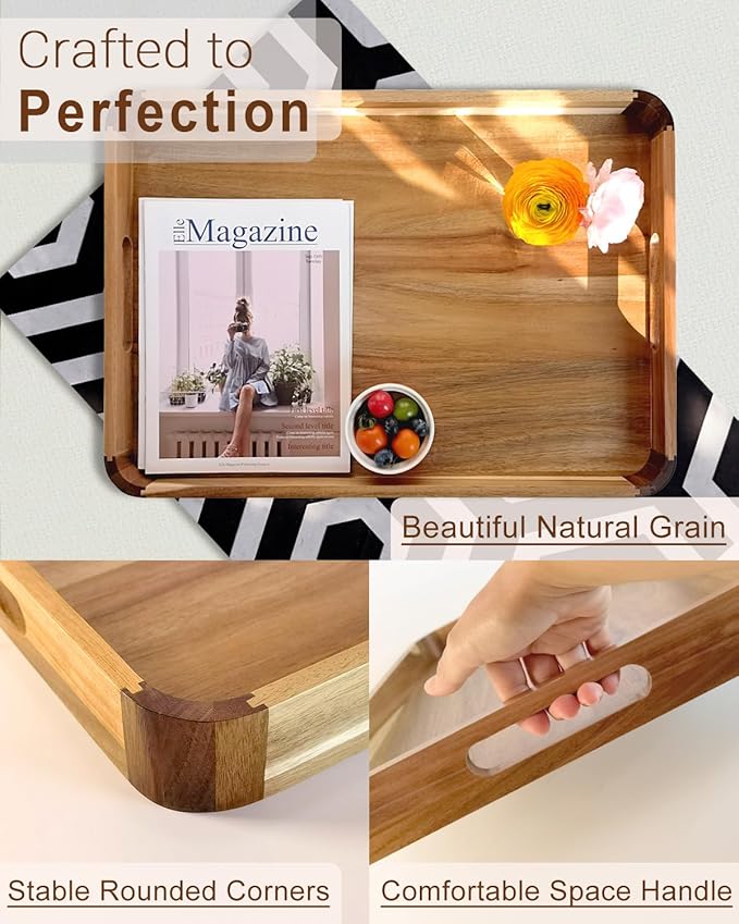 22 Inches Acacia Wood Serving Tray with Handles, Large Wooden Rectangle Ottoman Tray, Nice Home Decor for Living Room Coffee Table Couch, Ideal Size for Serving Food Breakfast BBQ Party-Ruum Studio Home