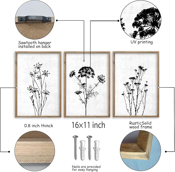 Flower Plant Wall Art Decor 16"x11" Set of 3 Black And White Botanical Painting Wood Framed For Minimalist Bedroom Office Rustic Living Room Abstract Wildflower Sign Hanging (Wood White)-Ruum Studio Home