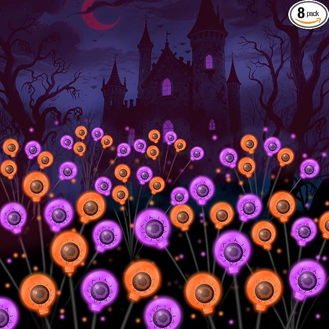 VOTTGO Halloween Solar Lights Outdoor, 8 Pack 48LED Scary Solar Eyeball Pathway Lights, 2 Modes Waterproof Swaying Solar Firefly Lights for Garden Yard Pathway Halloween Decorations, Purple + Orange-Ruum Studio Home