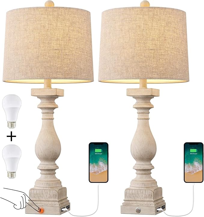 BOBOMOMO 27" Farmhouse 3-Way Dimmable Touch Control Table Lamp Set of 2 with USB A &USB C Charging Ports for Bedroom Living Room Vintage Rustic Traditional Nightstand Bedside Lamps (2 Bulbs Included)-Ruum Studio Home