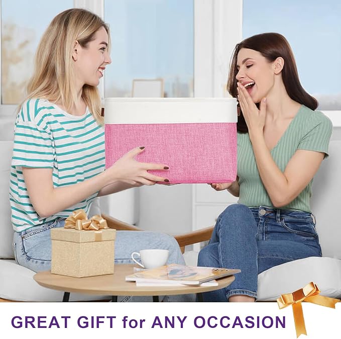 Storage Bins Large Fabric Storage Baskets for Shelves 3 Pack, Decorative Linen Closet Baskets with Handles for Organizing, Shelf, Clothes, Home, Office, 15x11x9.5Inches (Pink&White)-Ruum Studio Home