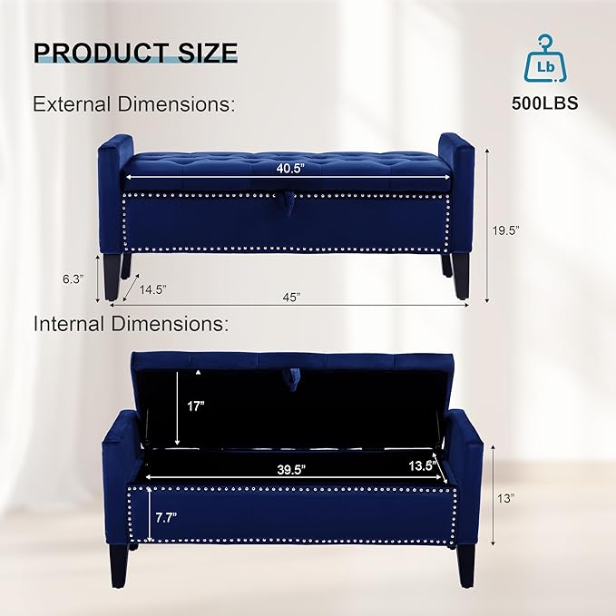 Storage Ottoman Bench, Velvet Upholstered Footstool for Bedroom and Living Room, Tufted Seat with Storage, Wooden Legs & Metal Rivets, Dark Blue-Ruum Studio Home
