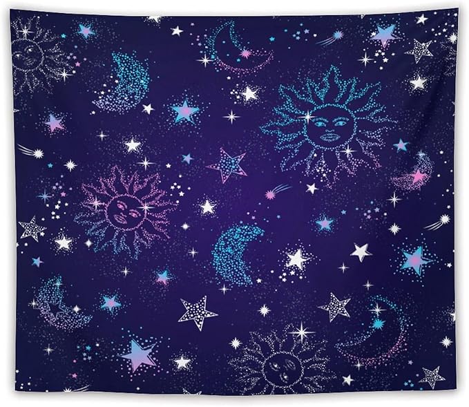 HZOHNAGO Boho Sun Moon Tapestry Purple Blue Sun Stars Galaxy Pattern Printed Wall Tapestry Wall Hanging for Bedroom Living Room Dorm 60" W x 50" H-Ruum Studio Home