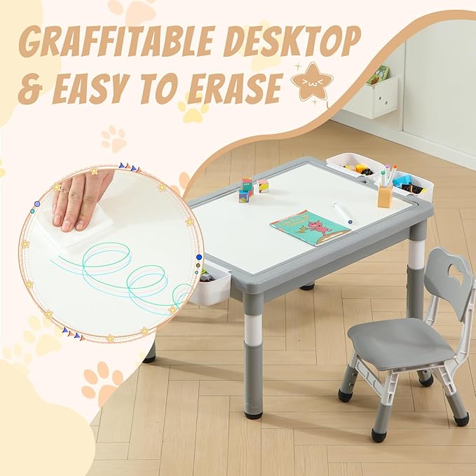Multi Functional Kids Table and 2 Chairs Set, Graffiti & Building Blocks Double-Sided Tabletop, Toddler Play Table with Drawers, Large Storage Space, Gift for Boys/Girls, Gray-Ruum Studio Home