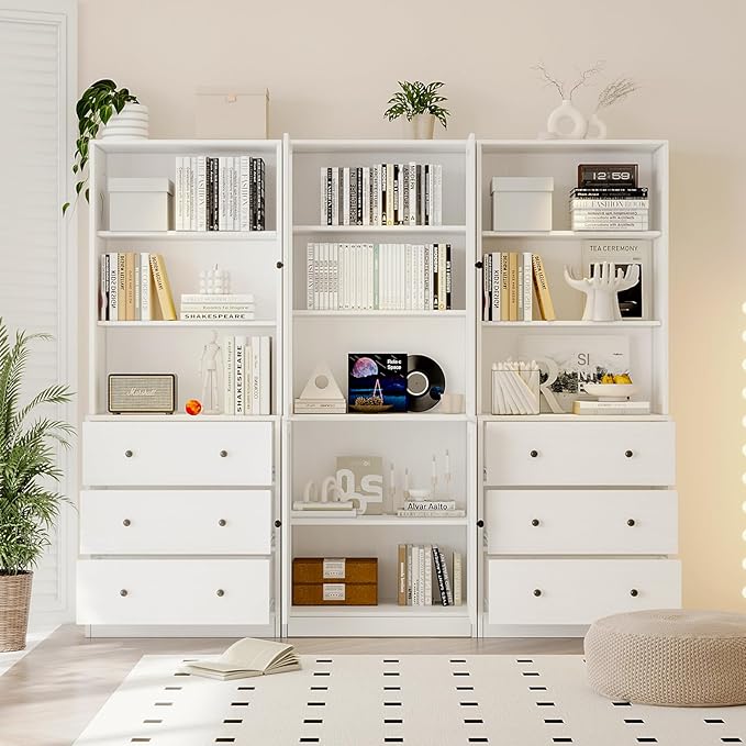 TUSY 71" Bookshelf Bookcase, 3-Tier Modern Bookshelves 3 Large Drawer, Wood Filing Cabinet with Open Storage Shelf, Glass Doors 5-Tier Fixed Storage Shelves for Home Office-Ruum Studio Home