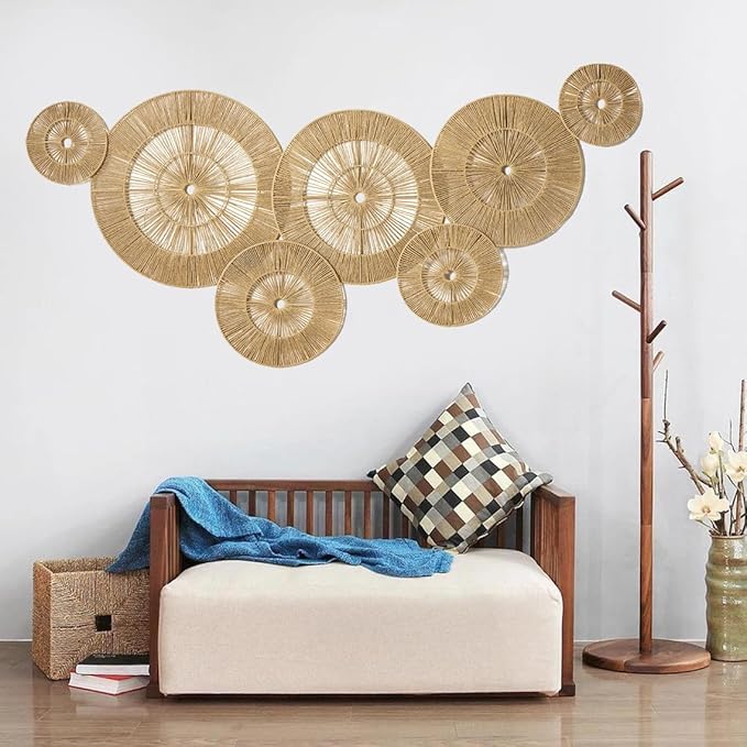 Mokof 7 Pack Boho Wall Decor Round Baskets Set (Small 7" to Largest 17") - Handwoven Large Wall Hanging Art for Bedroom, Living Room, Home Office-Ruum Studio Home