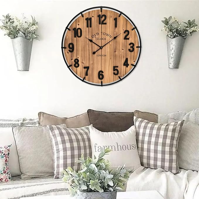 Large Old Town Farmhouse Wall Clock 20 Inches - Rustic Antique Wood with Metal Circle and Large Numerals Silent Battery Operated Wall Clock for Office Kitchen Bedroom Living Room-Ruum Studio Home
