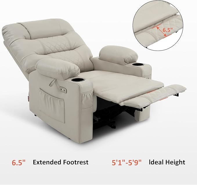 MCombo Zero Gravity Power Recliner Chair with Heat and Vibration Massage, Reclining Chair with USB Ports, Cup Holders for Living Room, Faux Leather PR621 (Light Grey)-Ruum Studio Home