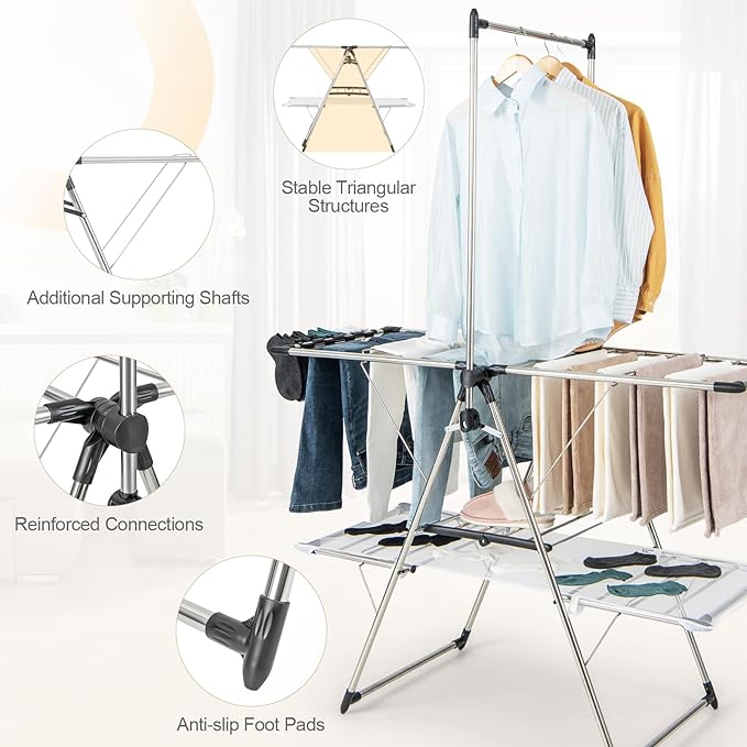 Tangkula Foldable Clothes Drying Rack, 2-Tier Laundry Drying Rack w/Tall Hanging Bar, Height Adjustable Gullwing, Freestanding Garment Stand for Indoor Outdoor Use-Ruum Studio Home