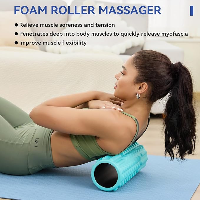 5 in 1 Foam Roller Set - Back Roller Foam, Massage Roller Stick, Massage Ball, Resistance Band for Physical Therapy & Deep Tissue Muscle Massage (Green)-Ruum Studio Home