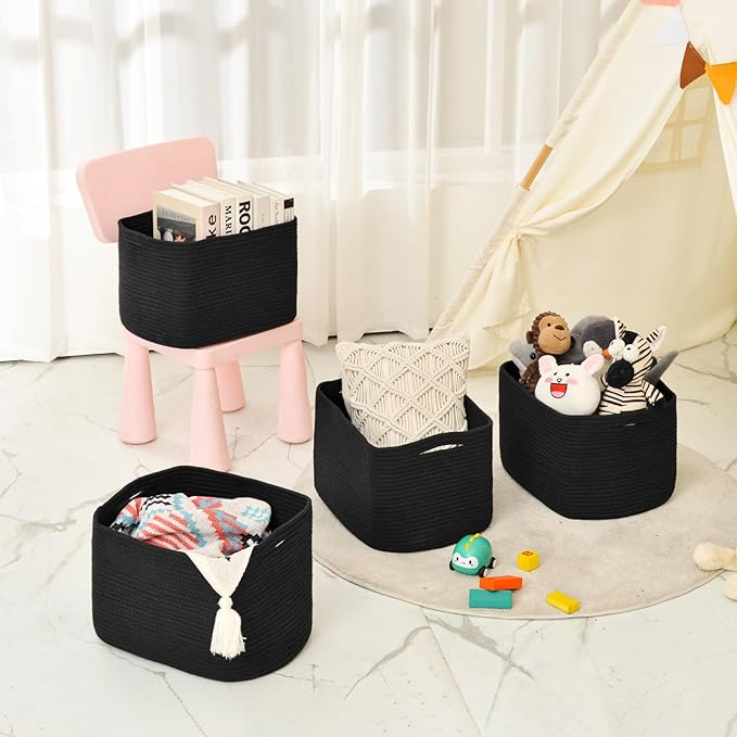 Storage Baskets for Organizing & Shelves, Woven Cotton Rope Organization Bins for Dog Toys, Clothes, Books, Nursery Organizer, 15" Lx11''Wx9.5''H, (4 Packs) Black-Ruum Studio Home