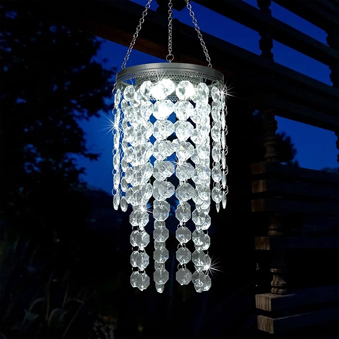Hanging Solar Lantern Outdoor, 2 Tiers 21” Solar Transparent Acrylic Beaded Chandelier with Cool White LED S Hooks for Garden Yard Patio Gazebo Outside Decor-Ruum Studio Home