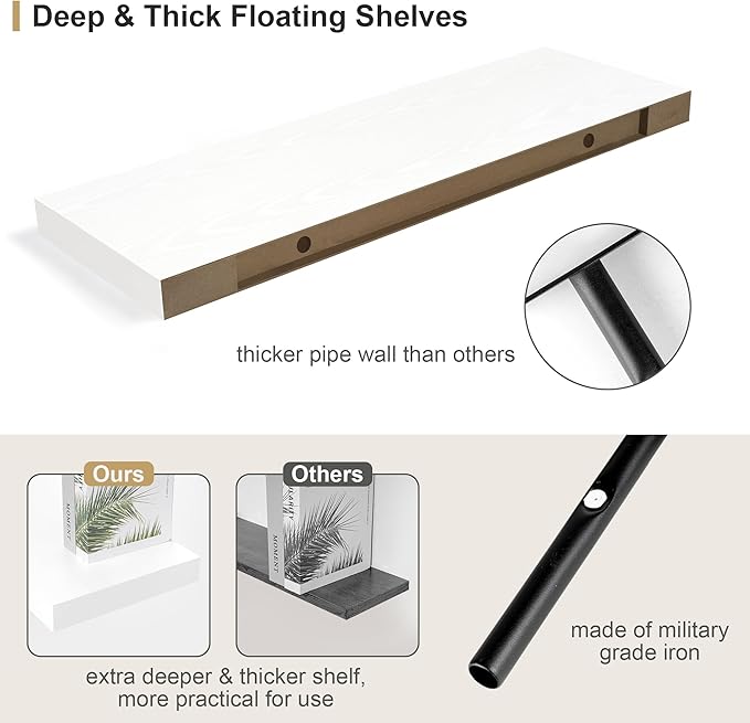 Heimlove White Bathroom Shelves Floating Shelves for Wall Shelf Over Toilet Long Wall Mounted Modern Farmhouse,48 x 12 Shelves with Invisible Brackets for Living Room, Kitchen, Bedroom-Ruum Studio Home