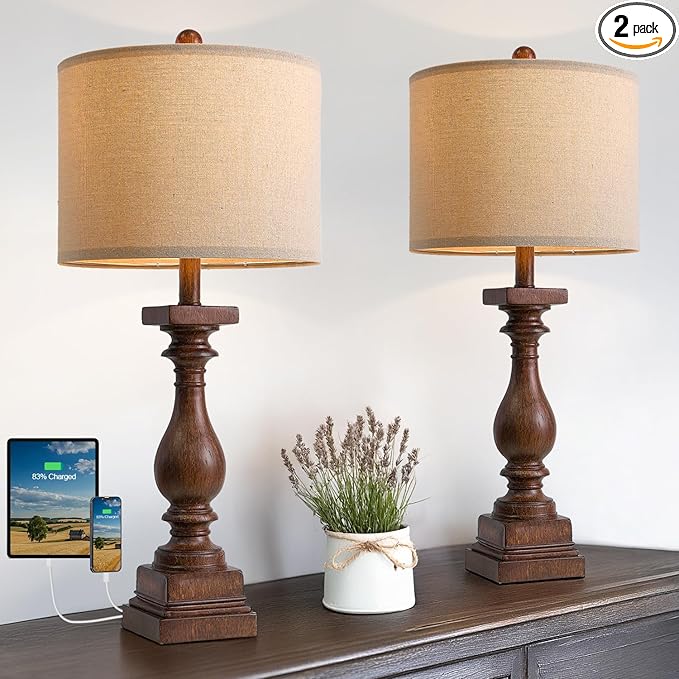 BOBOMOMO 27" Farmhouse Living Room Lamps with USB-A +C Ports, Vintage Rustic Bedside Night Stand Lamps Set of 2, Linen Shade, Retro Side Table Lamps for Living Room, Bedroom, Office, Home Decor-Ruum Studio Home