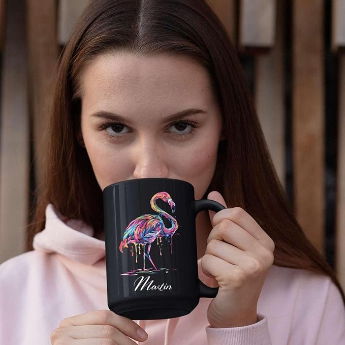 Beautiful Flamingo Animal Mug, Customized Name Flamingo Coffee Cup, Personalized Flamingo Lover Black Mug, Gift For Girlfriend, Colorful Animal Cup, Custom Flamingo Ceramic Cup 11oz 15oz-Ruum Studio Home