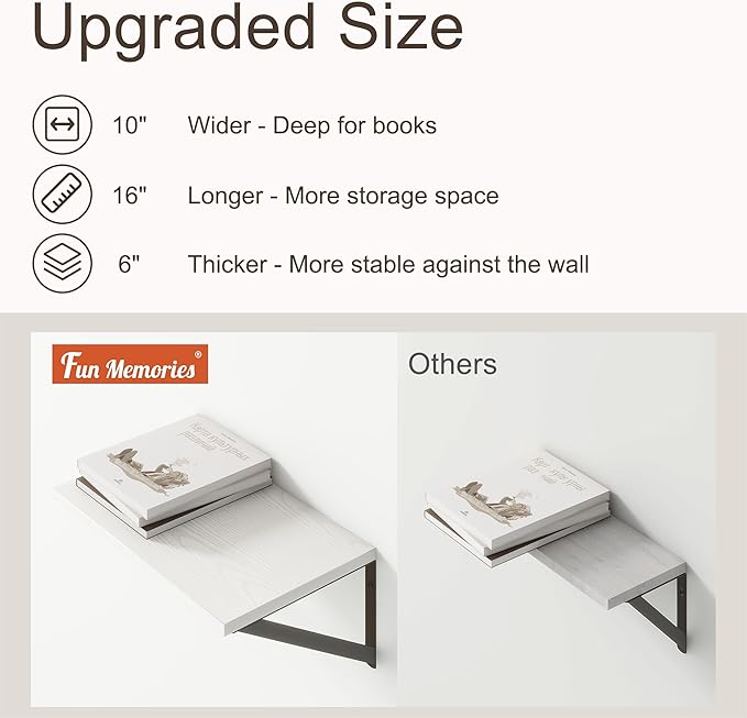 Fun Memories 10 Inch Deep Floating Shelves, White Floating Shelf 16 Inch Long, 16" W x 10" D Wall Shelves Set of 2, Deep Shelves for Books, Wide Floating Shelves for Bahtoom, Living Room, Kitchen-Ruum Studio Home