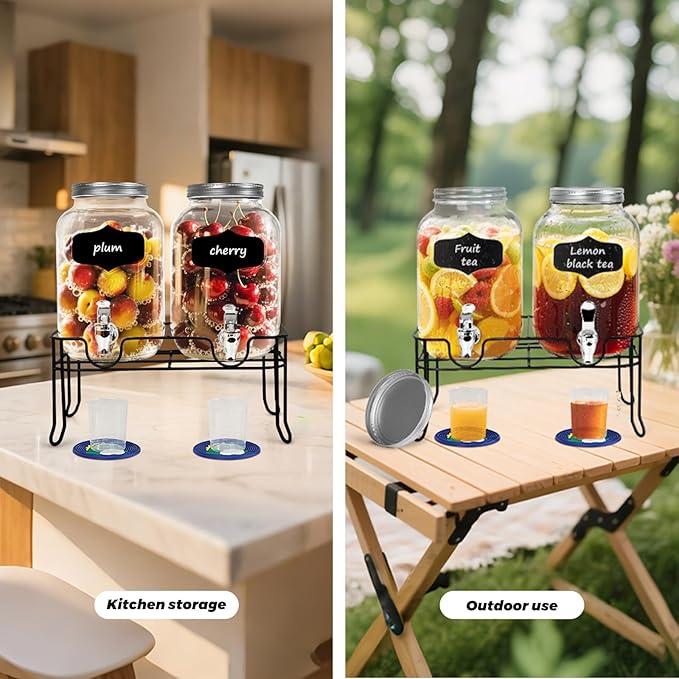 2-Pack 1 Gallon Glass Laundry Detergent Dispenser Set with Bamboo Lids and Stand - Liquid Soap and Fabric Softener Dispensers with Spigots, Cups, Labels and Mats, Laundry Room Organization and Storage-Ruum Studio Home