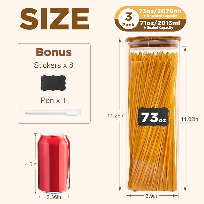 Glass Pasta Storage Jars Square 73oz, 3 Pack Glass Jars With Bamboo Lids, Tall Kitchen Storage Containers For Pasta, Storage For Pantry Organizers-Ruum Studio Home