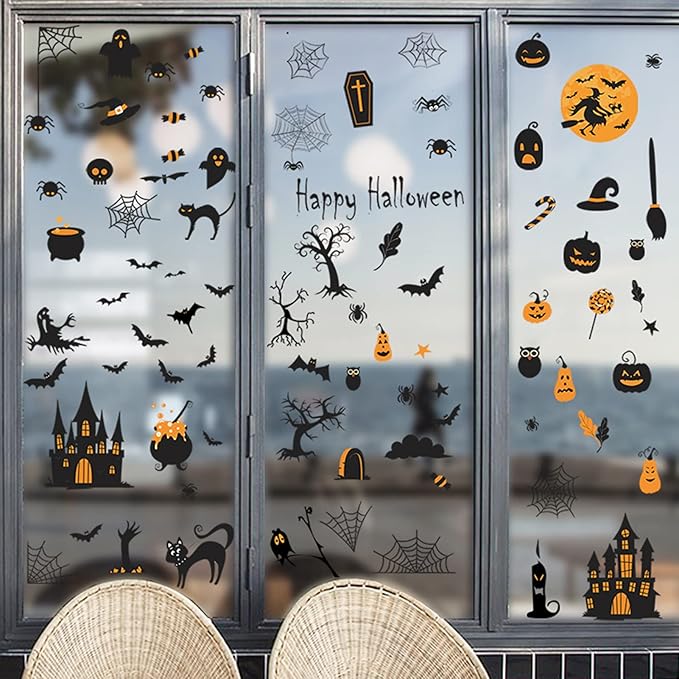 84 PCS Window Clings - Halloween Wall Stickers for Living Room, Pumpkins, Castles, Bats, Cats, Vampire, Witch Stickers, Household Decorative Murals, Party Supplies-Ruum Studio Home