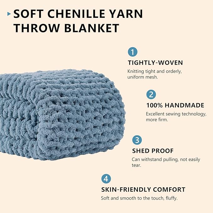L'AGRATY Chunky Knit Blanket Throw: 60''x80'' Chenille Chunky Knitted Throw Blanket for Bed Couch - Handmade Thick Big Cable Knit Blanket - Large Crochet Rope Blanket for Home Decor(Airy Blue)-Ruum Studio Home