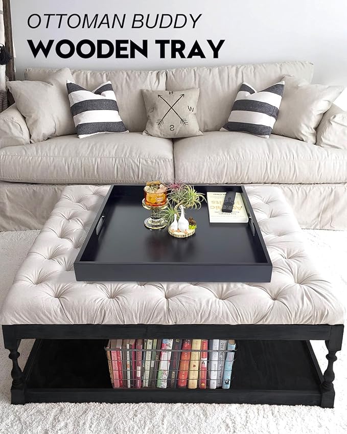 20 Inches Square Wooden Ottoman Tray Black, Large Wood Serving Tray with Handles for Living Room, Serving Food Breakfast, Ottoman Coffee Table Couch Sofa Kitchen-Ruum Studio Home