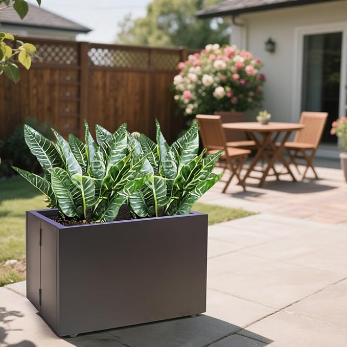 Metal Planter Box Rectangular Block-No Installation Required Galvanized Steel Long Box Planter Modern Outdoor Planters All-Weather Use with Drainage Holes for Patio/Porch,16 ×12×12IN-Ruum Studio Home
