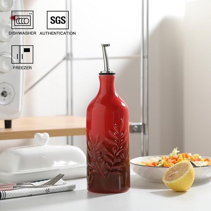 Sweejar Ceramic Olive Oil Dispenser Bottle, 20 Oz Relief Opaque Oil Cruet Protects To Reduce Oxidation, Suitable for Storage Vinegar, Soy Sauce, Coffee Syrup, Liquids, Set of 1 (Gradient Red)-Ruum Studio Home