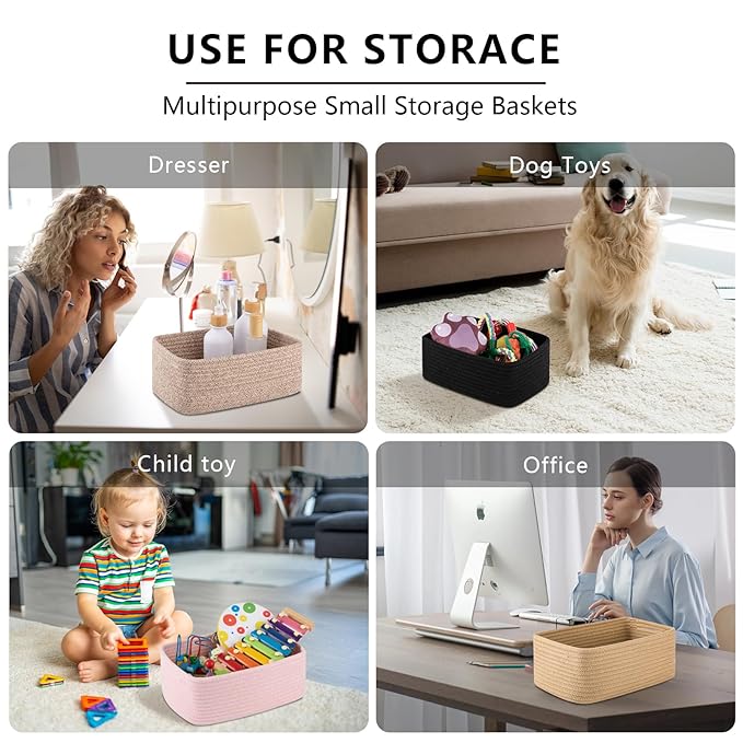 4 Pack Small Storage Shelf Baskets for Organizing, Mini Woven Rope Storage Bins for Towels, Cute Decorative Closet Organizer，Baby Nursery, Gift Empty Baskets -11.81''Lx7.87''Wx4.72''H-Jute-Ruum Studio Home