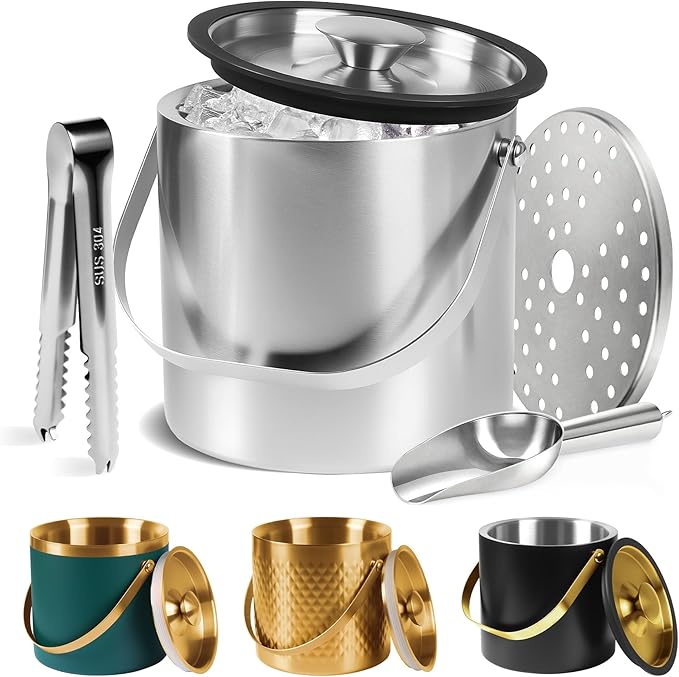 Ice Bucket, Ice Bucket with Silicone Sealing Ring Double-Wall Vacuum Insulation Champagne Buckets with Filter Layer Ice Tongs Ice Scoop (Silver, 3 L)-Ruum Studio Home