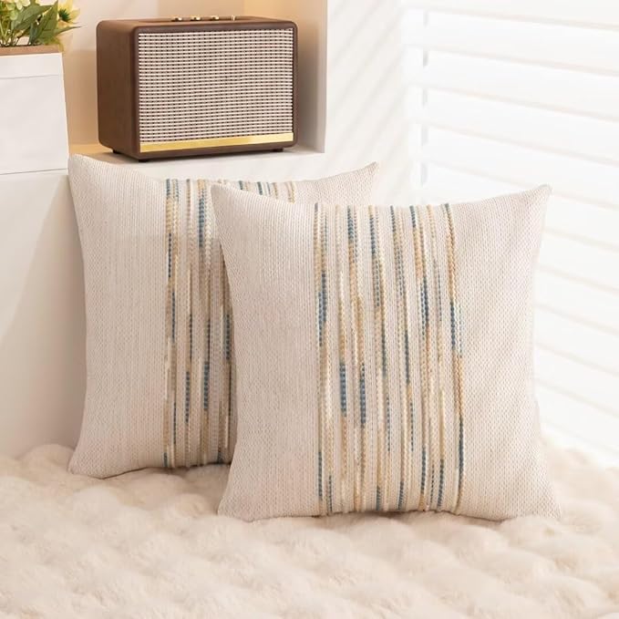 Boho Throw Pillow Covers 18x18 Set of 2 Farmhouse Decorative Cushion Case Striped Square Pillows Cover Chenille Pillow Cases Accent Neutral Pillowcase for Sofa Couch Bed,Yellow-Blue-Ruum Studio Home