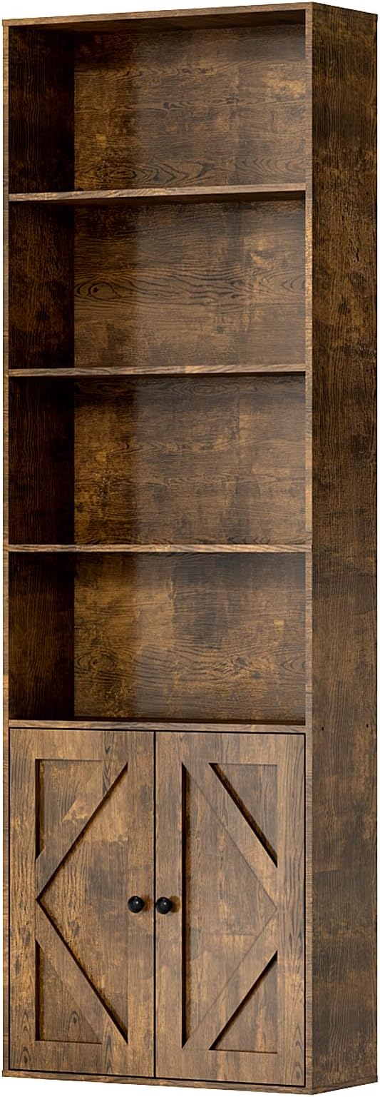 Tall Brown Wooden Bookshelf with Cabinet and Doors – 70.86" Bookcase with Doors, 6 Shelf Freestanding Tall Book Shelf for Living Room Storage, Bedroom, Home Office Organization – Brown Bookcase Wood-Ruum Studio Home