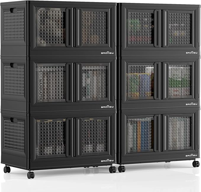 600Qt Stackable Storage Bins with Lids, 150Gal Closet Organizers and Storage Drawer, Plastic Collapsible Storage Bins with Doors, Heavy Duty Store Box Cabinet for Home Kitchen, 6Pack Black-Ruum Studio Home