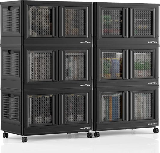 600Qt Stackable Storage Bins with Lids, 150Gal Closet Organizers and Storage Drawer, Plastic Collapsible Storage Bins with Doors, Heavy Duty Store Box Cabinet for Home Kitchen, 6Pack Black-Ruum Studio Home