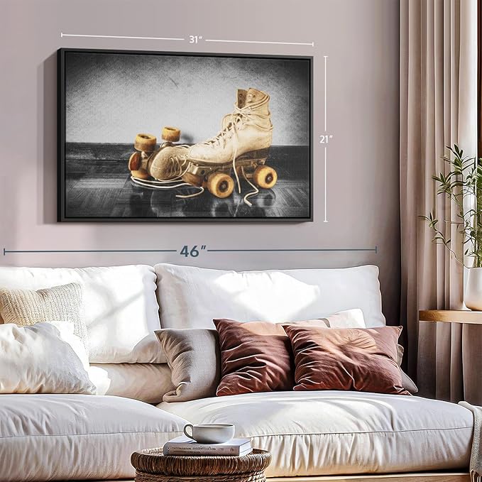 ElephantStock Vintage Skates Pop Wall Art - Horizontal Framed Canvas - 1-Piece Living Room Wall Decor - Sport Photography Canvas Print - Beige and Black Decor for Wall - 31" X 21"-Ruum Studio Home