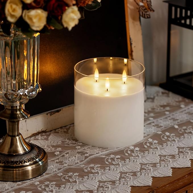 Homemory 6X6'' Extra Large Flameless Candle with 3 Wicks, Glass LED Pillar Candle, Real Wax Battery Operated Candle with Remote Control and Timer, Pure White-Ruum Studio Home