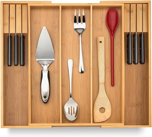 Purawood Kitchen Drawer Organizer with Knife Blocks - Utensil Drawer Organizer for Kitchen, Cutlery Tray & Silverware Organizer, 3-5 Slots - Bamboo Organizer for Utensils & Flatware (Natural)-Ruum Studio Home